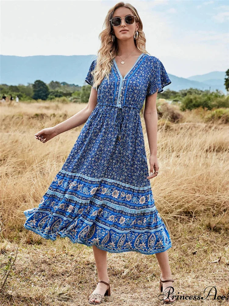 Deep Plunge Floral Button Pleated Maxi Boho Dress bohodress-250126