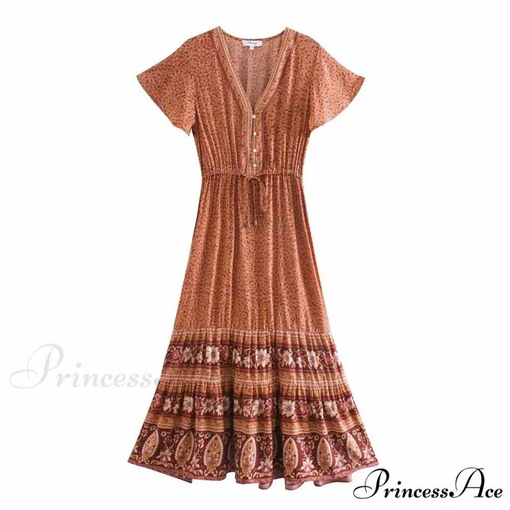 Deep Plunge Floral Button Pleated Maxi Boho Dress Brown / S bohodress-250126