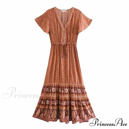 Deep Plunge Floral Button Pleated Maxi Boho Dress Brown / S bohodress-250126