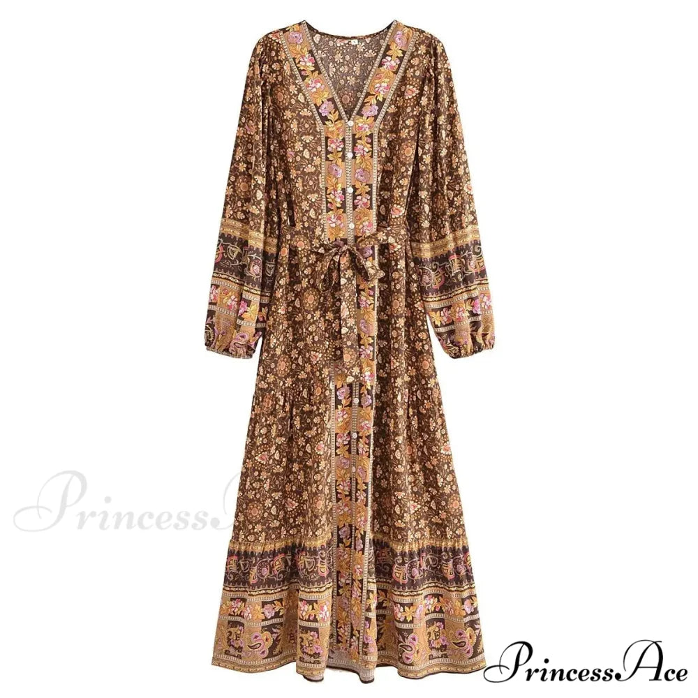 Deep Plunge Floral Long Sleeve Cotton Bohemian Dress Brown / S bohodress-250126
