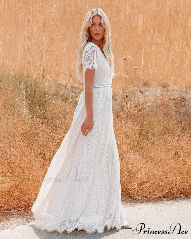 Deep Plunge Neck Lace Empty Outdated White Boho Dress bohodress-250126