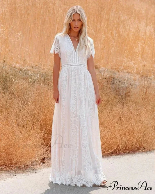 Deep Plunge Neck Lace Empty Outdated White Boho Dress White / S bohodress-250126