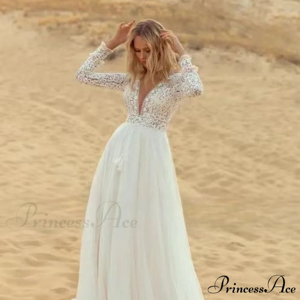 Deep Plunge Neckline Extended Sleeve Lace Bridal Gown lvory white / 2 weddingdress-250223