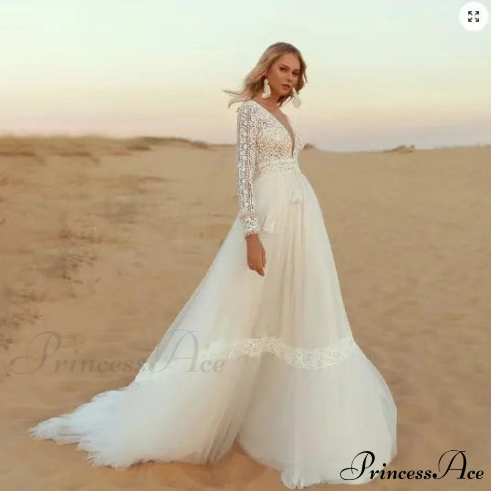 Deep Plunge Neckline Extended Sleeve Lace Bridal Gown weddingdress-250223