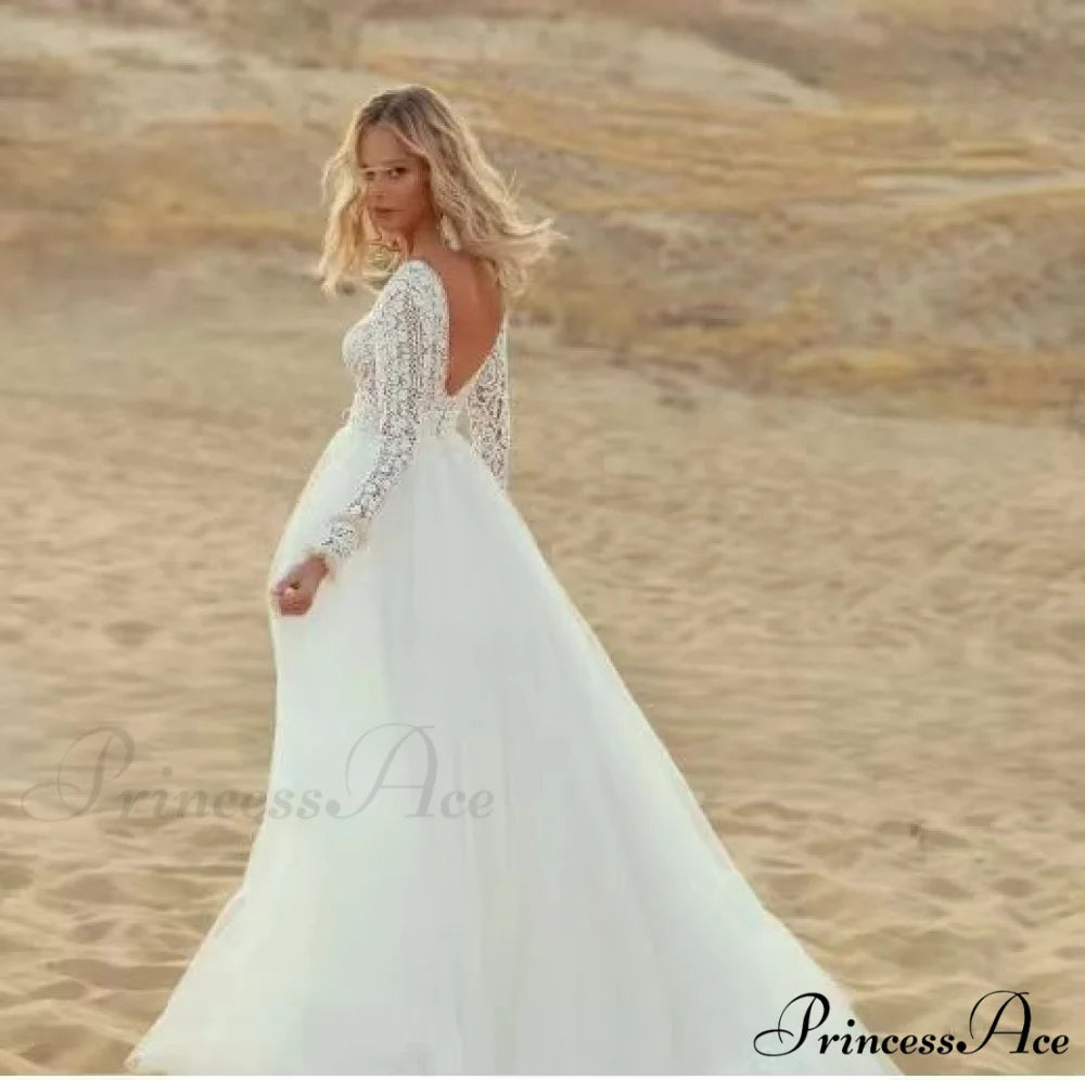 Deep Plunge Neckline Extended Sleeve Lace Bridal Gown White / 2 weddingdress-250223