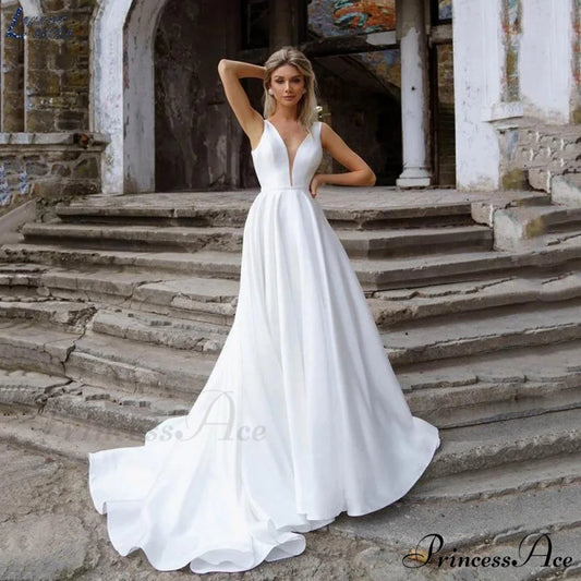 Deep Plunging Satin Transparent Wedding Gown lvory white / 2 weddingdress-250223