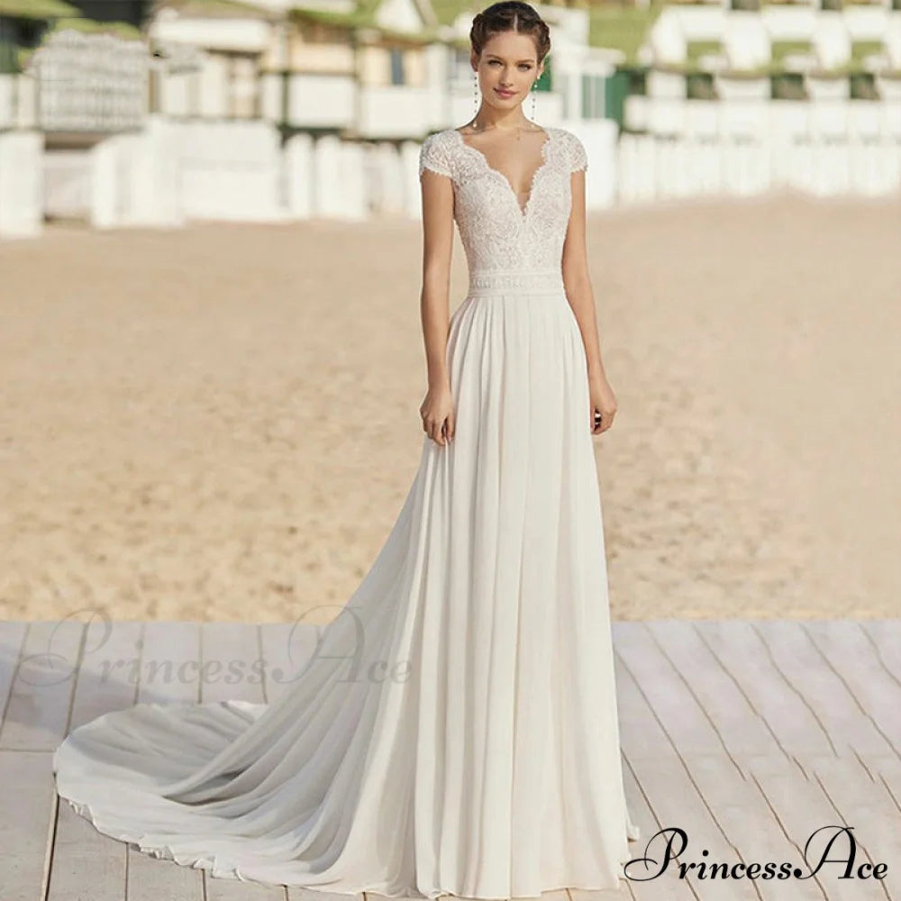 Deep-Scoop Chiffon Extended Trail Wedding Gown weddingdress-250223