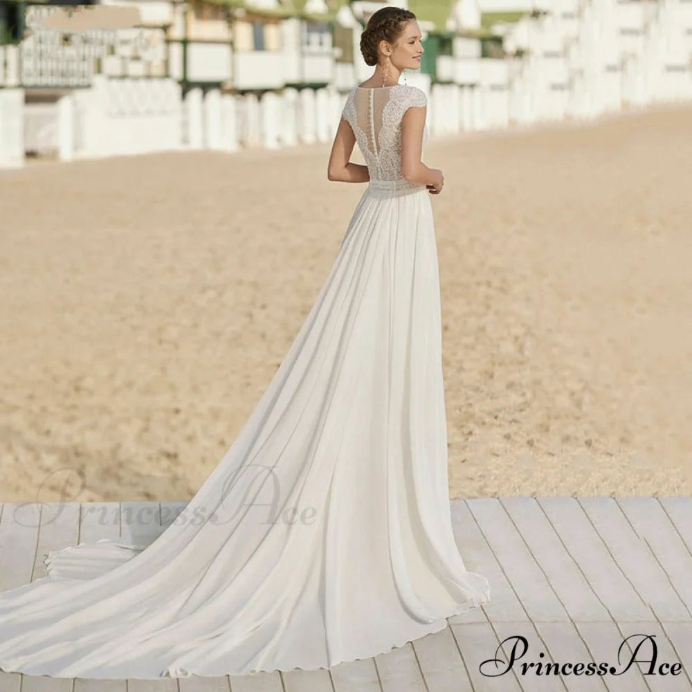 Deep-Scoop Chiffon Extended Trail Wedding Gown weddingdress-250223