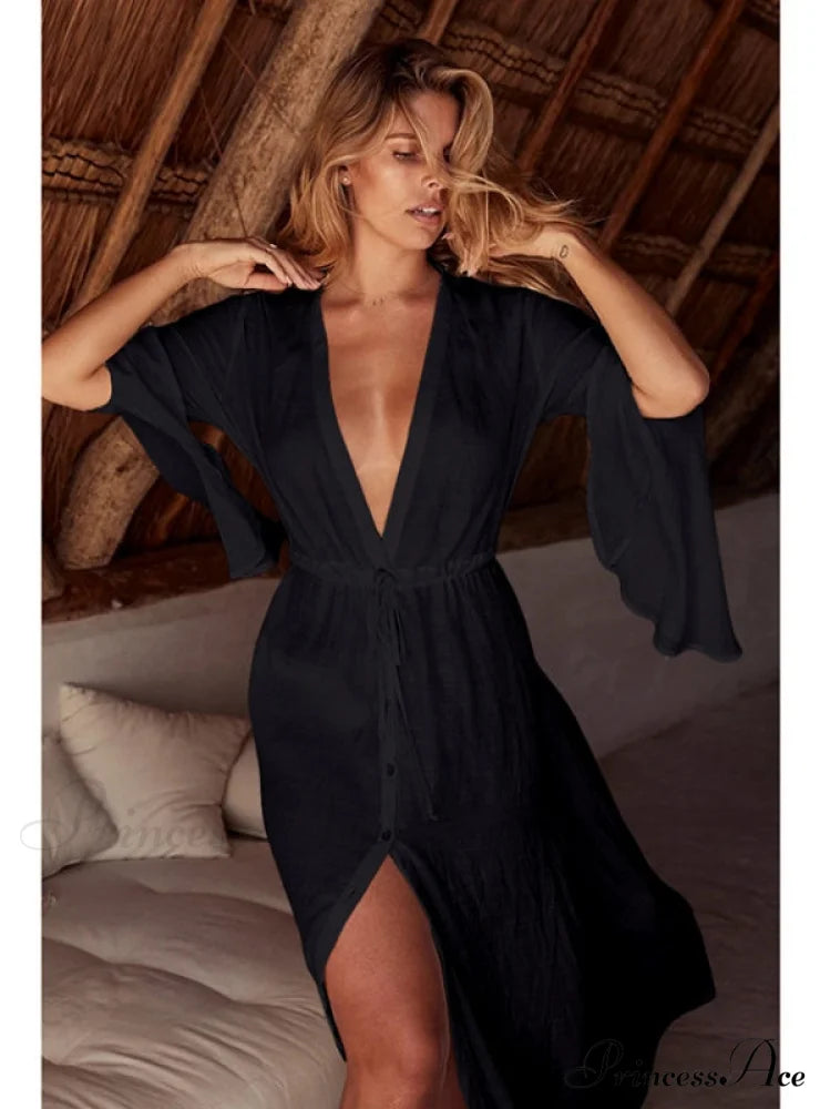 Deep V-neck Beach Dress with Horn Sleeves