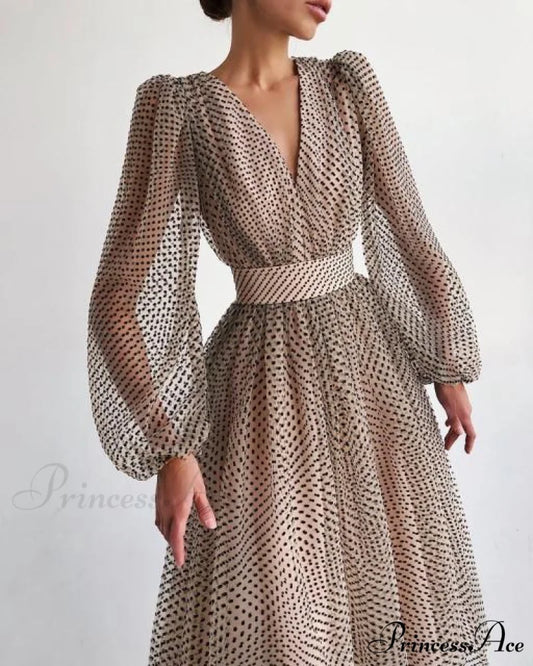 Deep V-Neck Big Hem Dresses Khaki / S