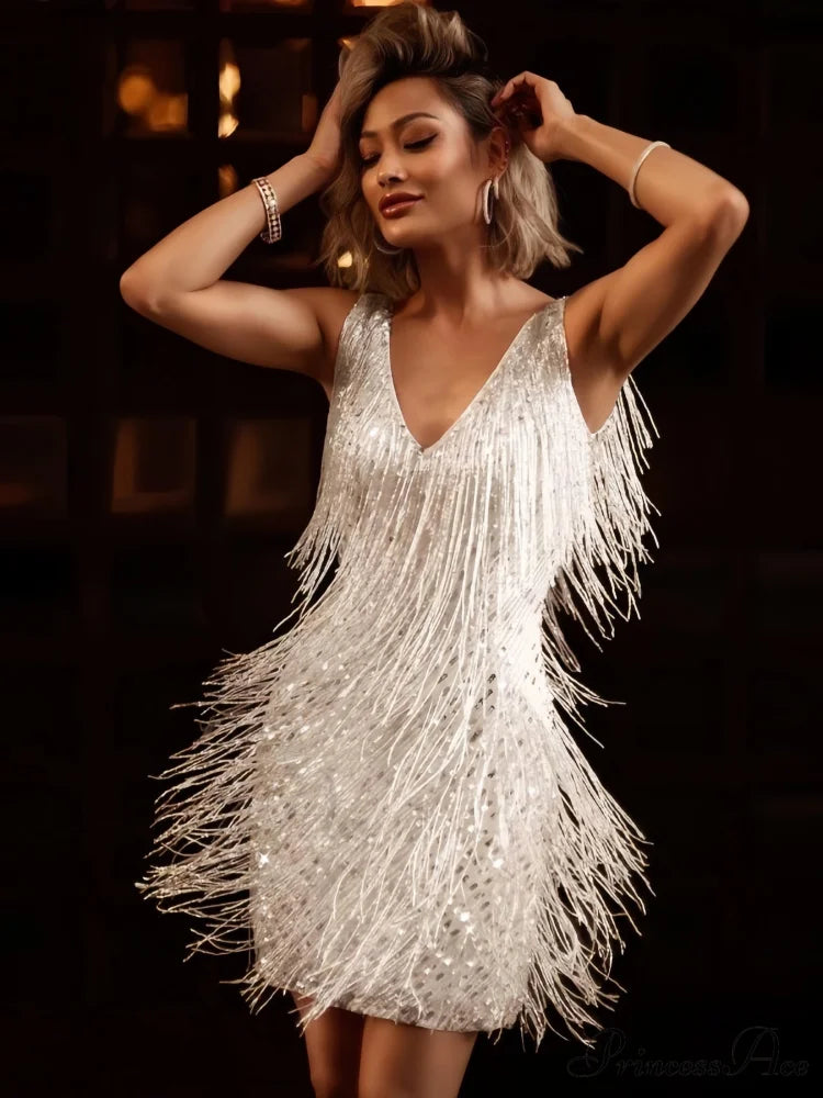 Deep V Neck Bodycon Fringe Party Dress
