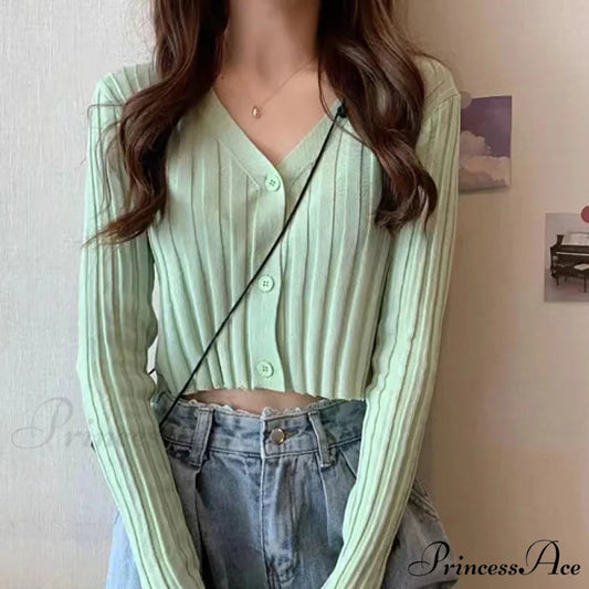Deep V-Neck Button-Up Trimmed Cropped Ribbed Knit Cardigan Green / One Size cardiagn-250126