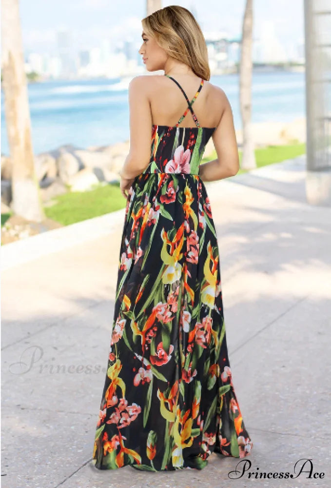 Deep V Neck Floral Print Beach Sling Maxi Dress S / BLACK