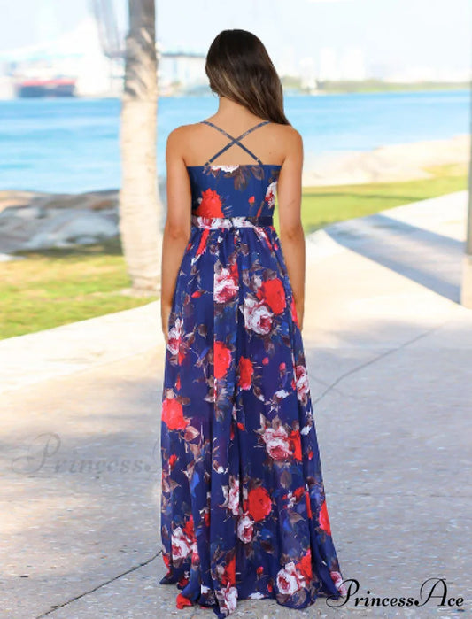 Deep V Neck Floral Print Beach Sling Maxi Dress S / GREEN