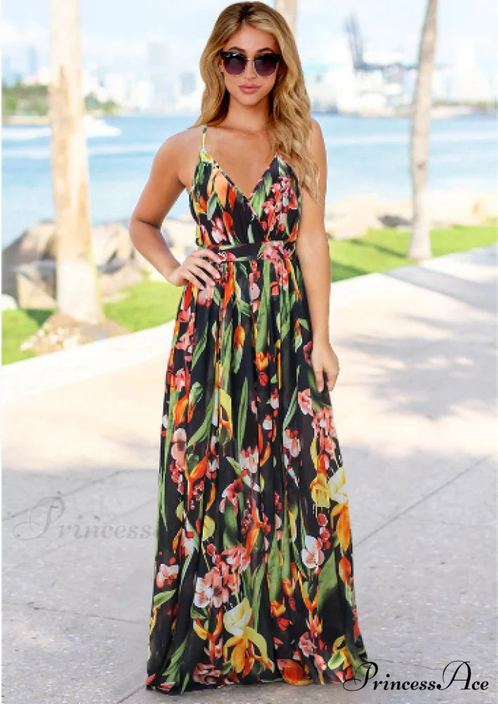 Deep V Neck Floral Print Beach Sling Maxi Dress S / ORANGE