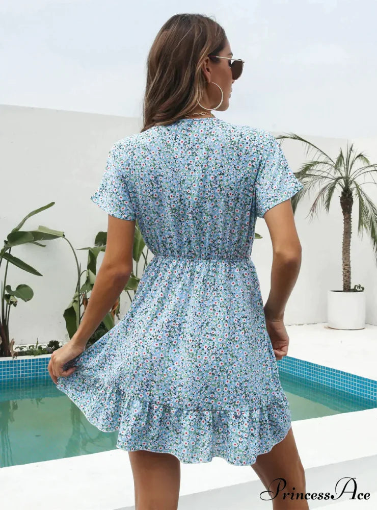 Deep V-Neck Flounces Chiffon Flowered Top L / pink