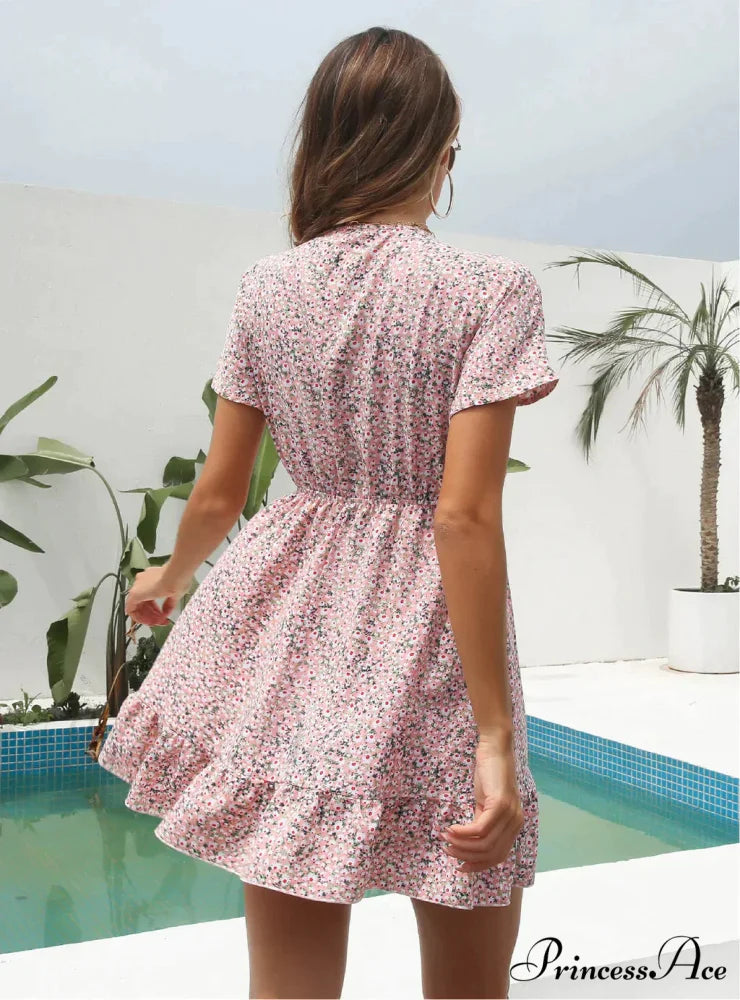 Deep V-Neck Flounces Chiffon Flowered Top M / pink