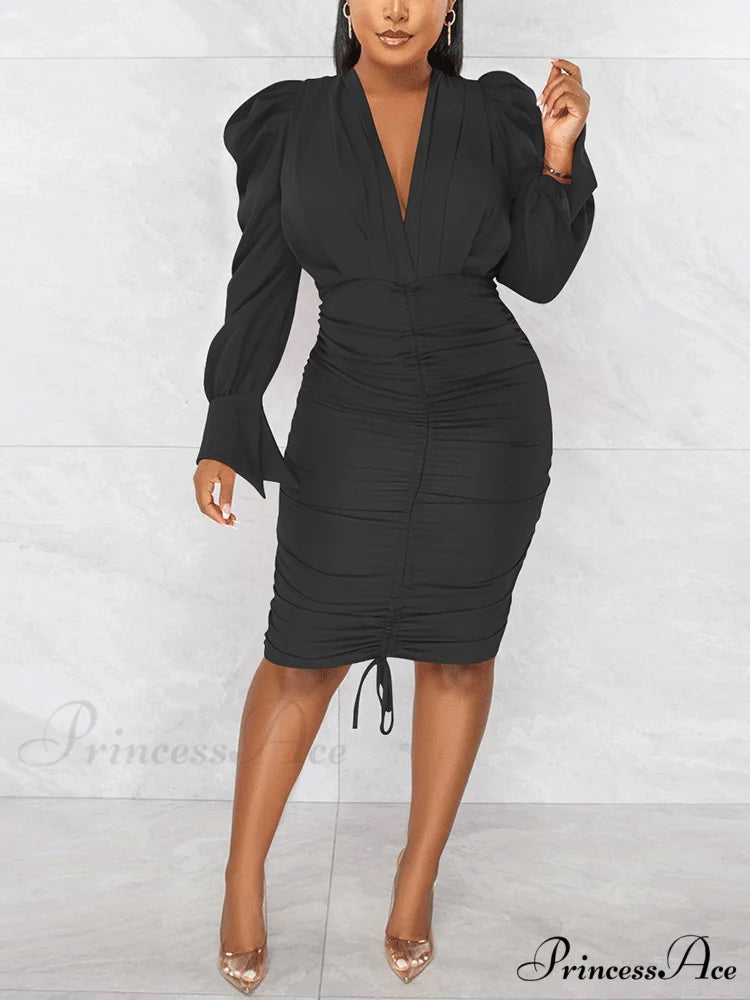 Deep V-neck Front Trendy Tie Mini Dress Black / L