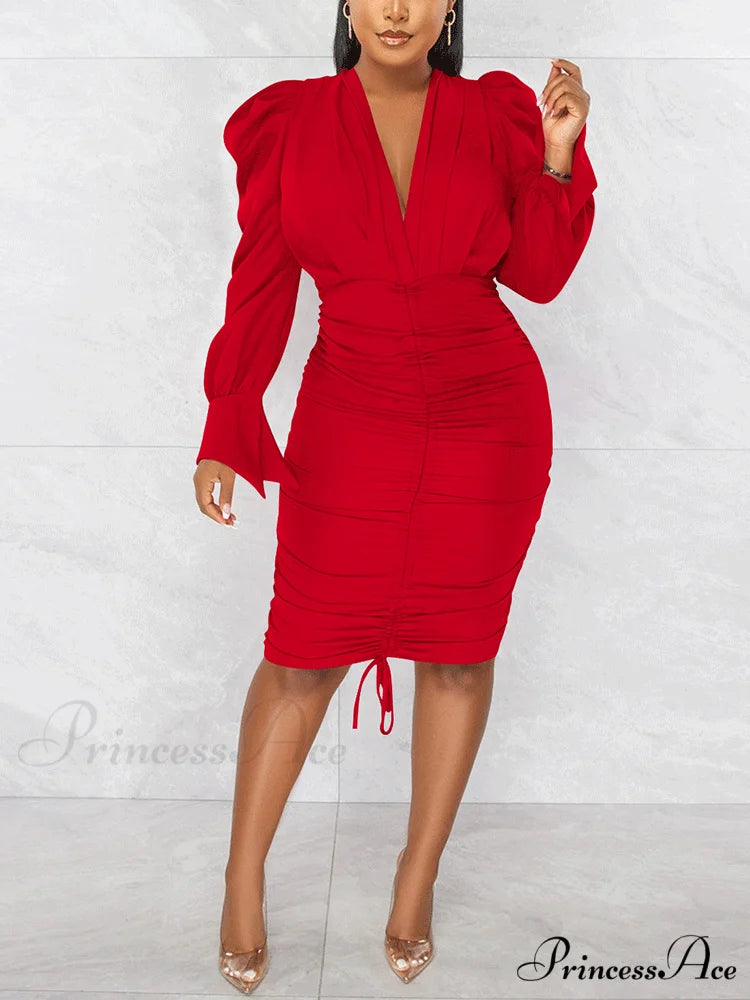 Deep V-neck Front Trendy Tie Mini Dress Red / L