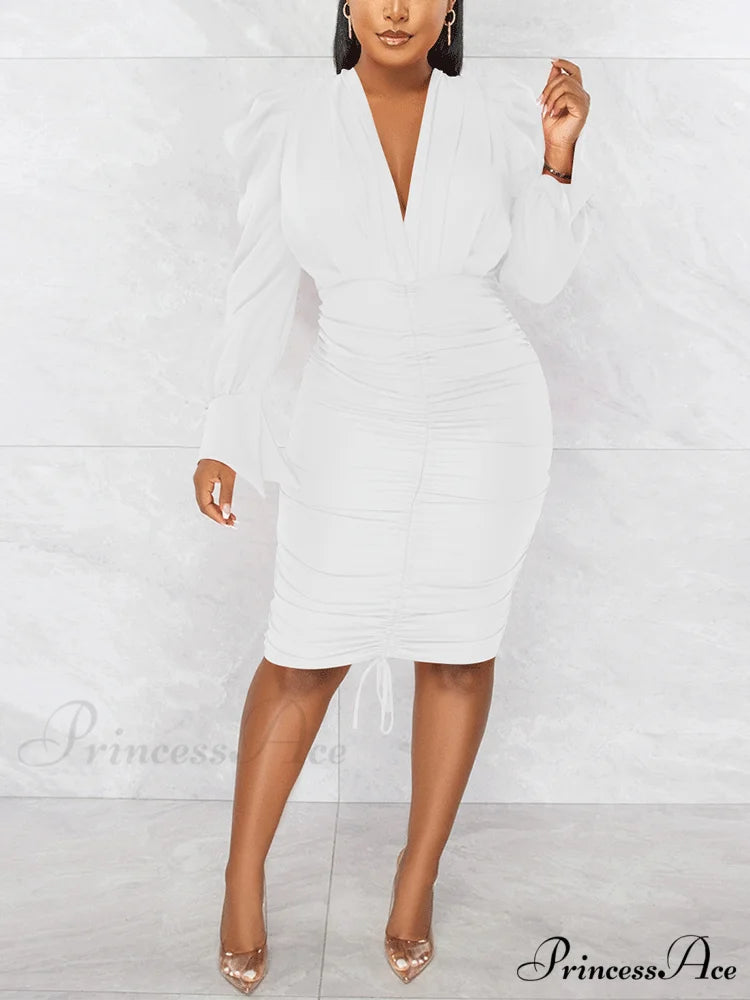 Deep V-neck Front Trendy Tie Mini Dress White / L