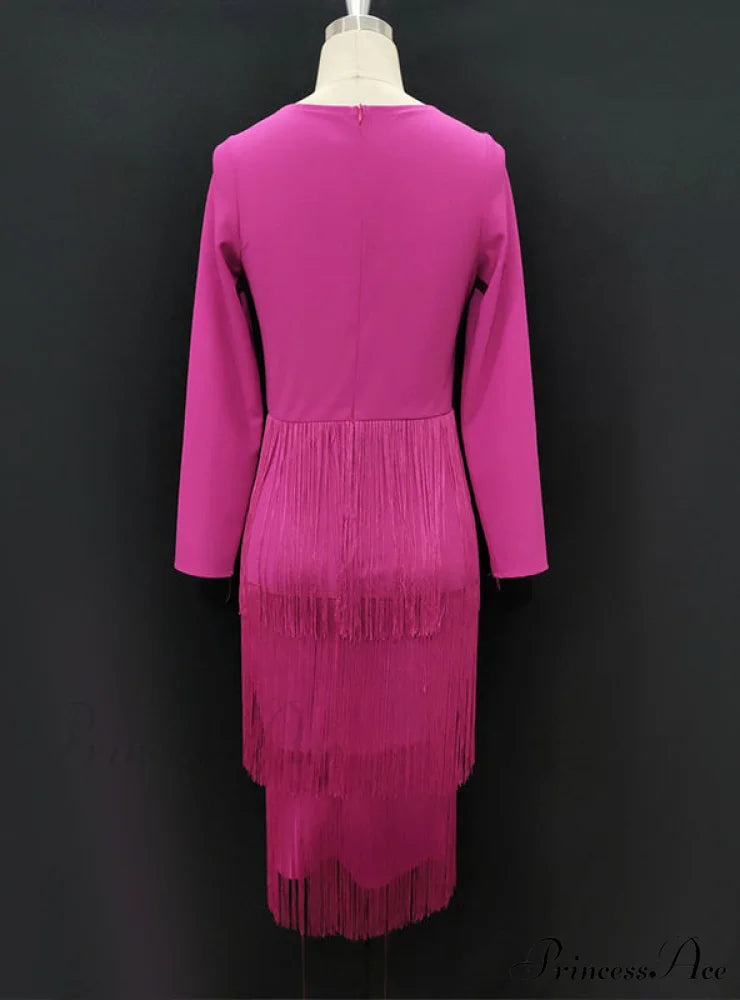 Deep V Neck Long Sleeve Bodycon Dress with Tassel Design