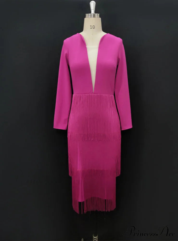 Deep V Neck Long Sleeve Bodycon Dress with Tassel Design