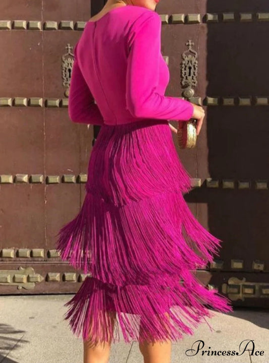 Deep V Neck Long Sleeve Bodycon Dress with Tassel Design