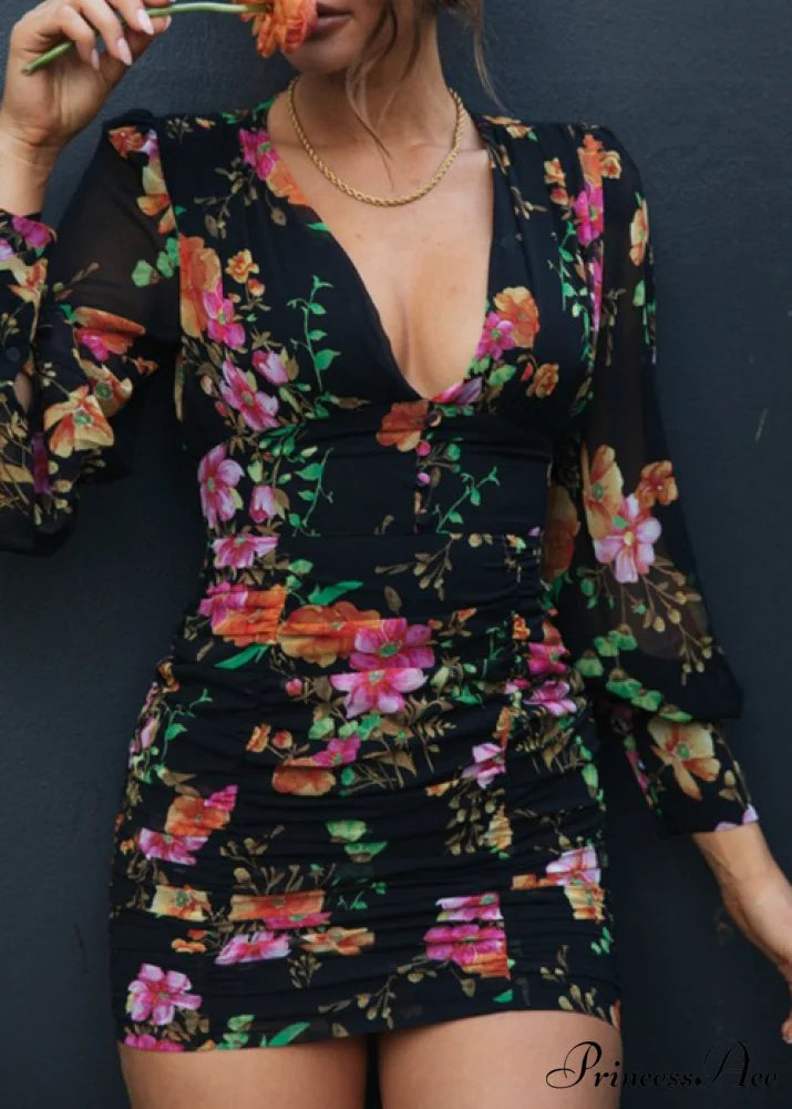 Deep V-neck Long Sleeve High Waist Mini Dress Print Party Dress Vestidos L / GREEN