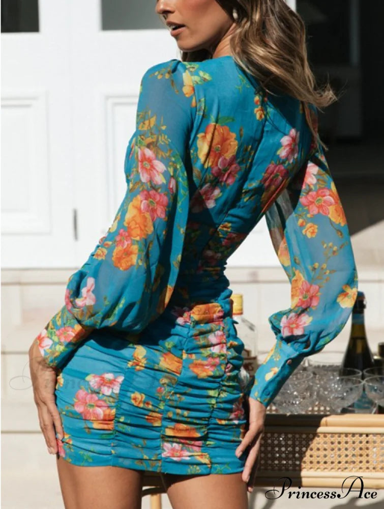 Deep V-neck Long Sleeve High Waist Mini Dress Print Party Dress Vestidos M / GREEN