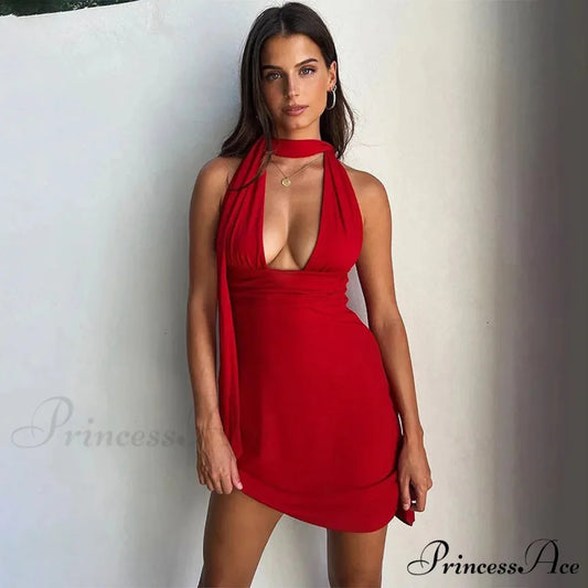 Deep V Neck Pleated Holiday Dress vacationdress-250223