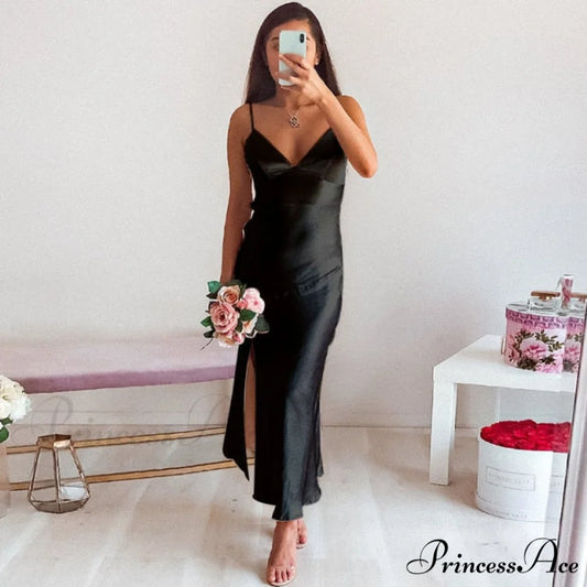 Deep V-Neck Satin Side Split Elegant Dresses black / S