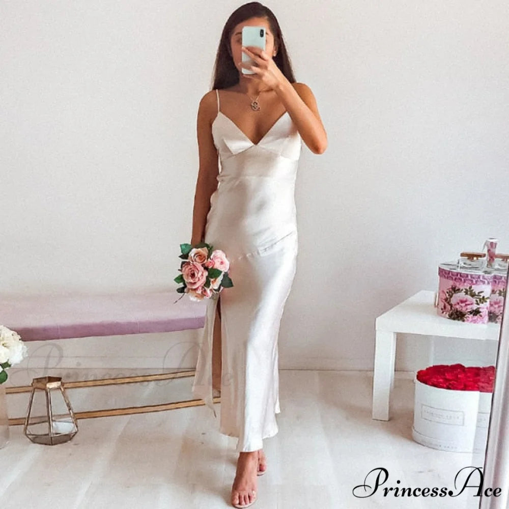 Deep V-Neck Satin Side Split Elegant Dresses Ivory / S