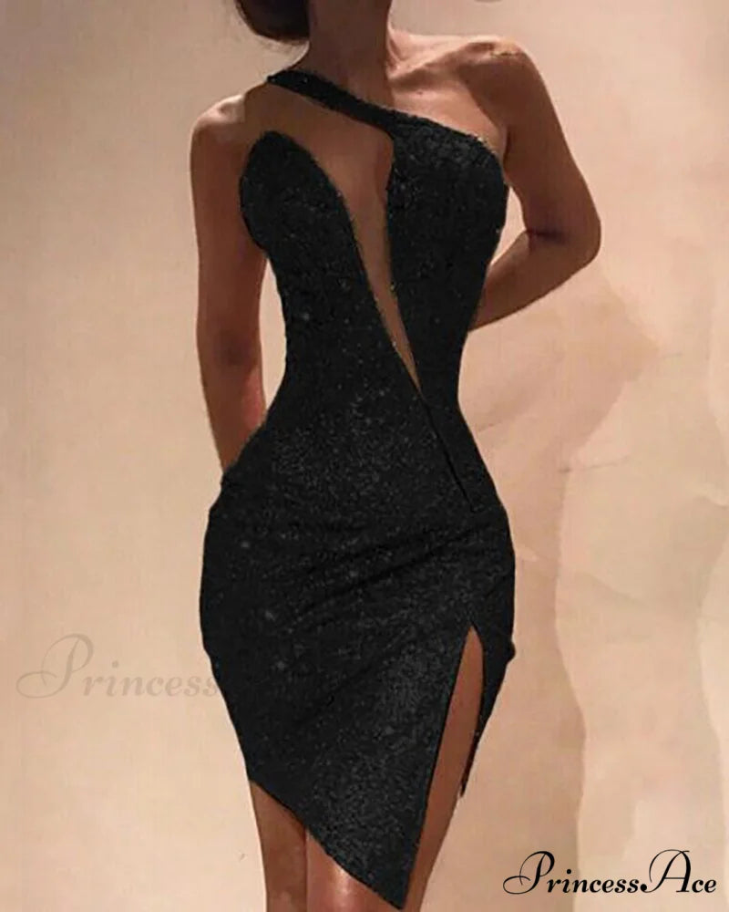 Deep V-Neck Sequined Backless Slit Mini Dress Black / S