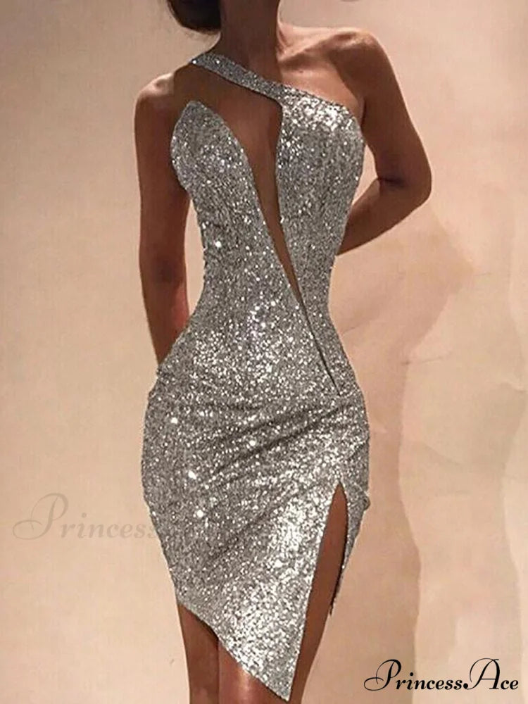 Deep V-Neck Sequined Backless Slit Mini Dress Silver / S