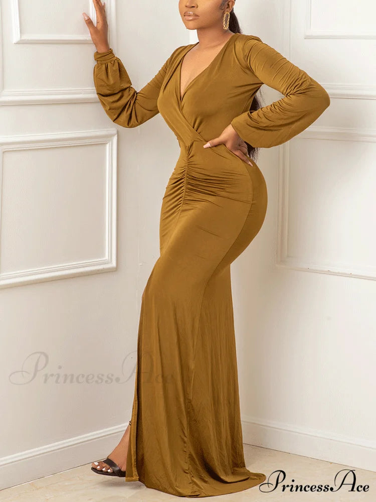 Deep V-neck Sequins Trendy Slit Maxi Dress Brown / L
