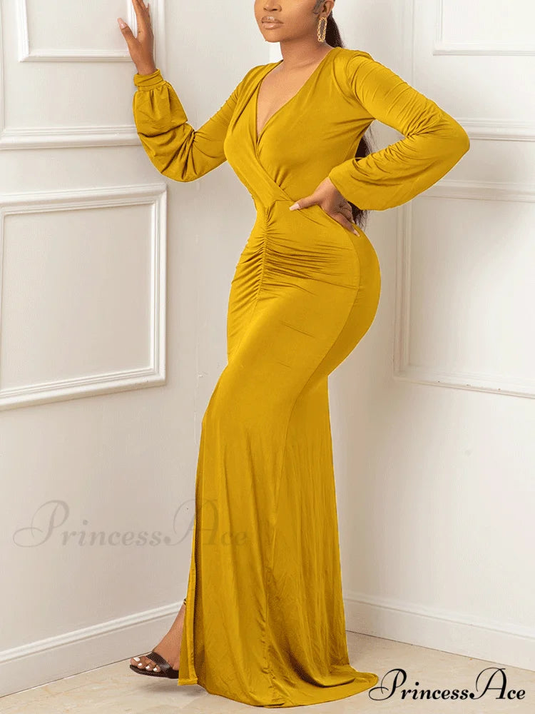 Deep V-neck Sequins Trendy Slit Maxi Dress Yellow / L