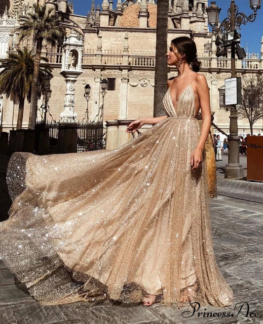 Deep V-Neck Sling Extended Gown Formal Dress apricot / S promdress-250223