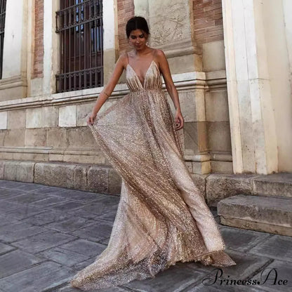 Deep V-Neck Sling Extended Gown Formal Dress promdress-250223