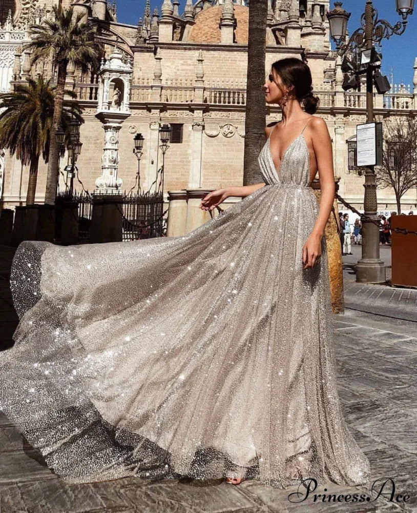 Deep V-Neck Sling Extended Gown Formal Dress silver / S promdress-250223