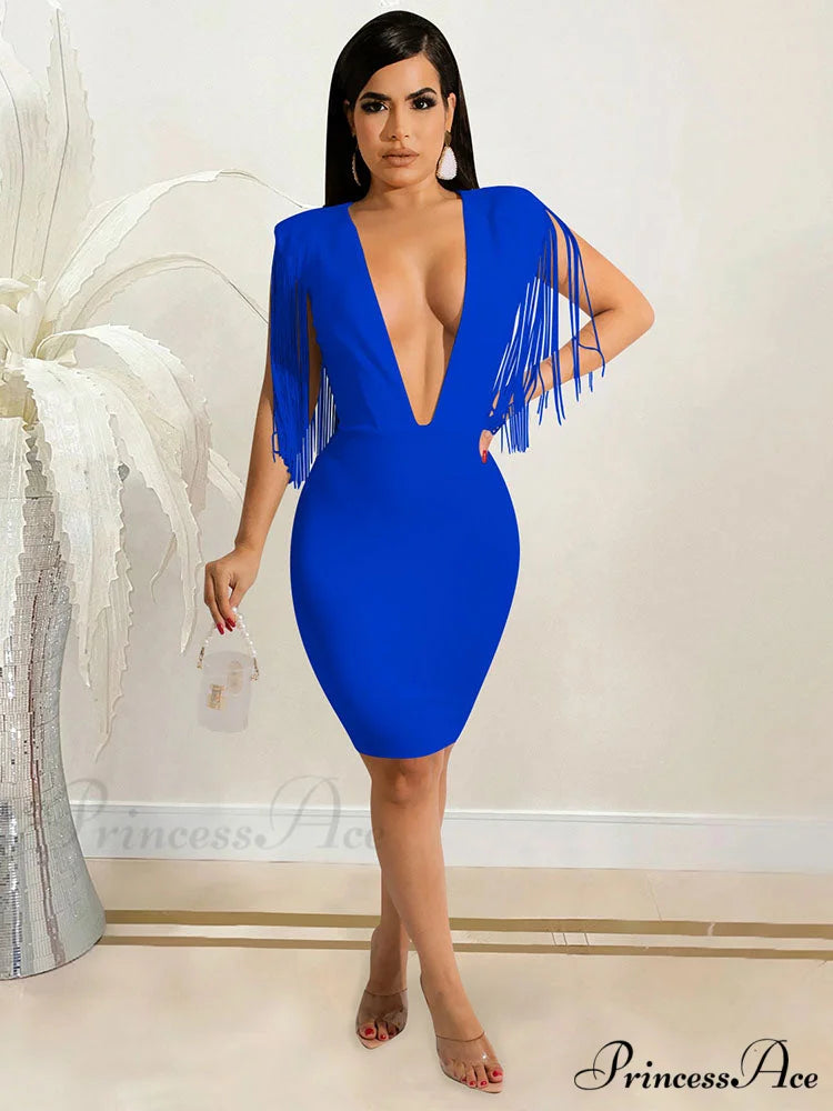 Deep V Neck Spaghetti Strap Classic Ruched Party Mini Dress - Red Blue / L
