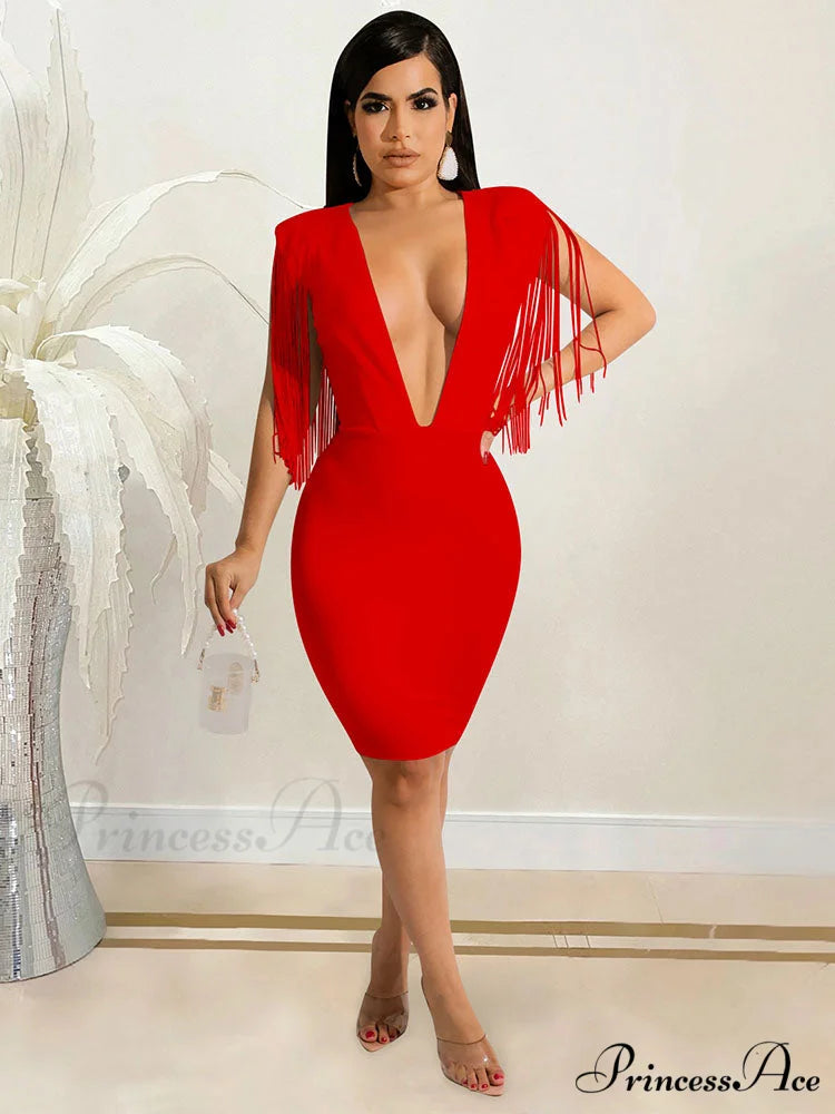 Deep V Neck Spaghetti Strap Classic Ruched Party Mini Dress - Red Red / L