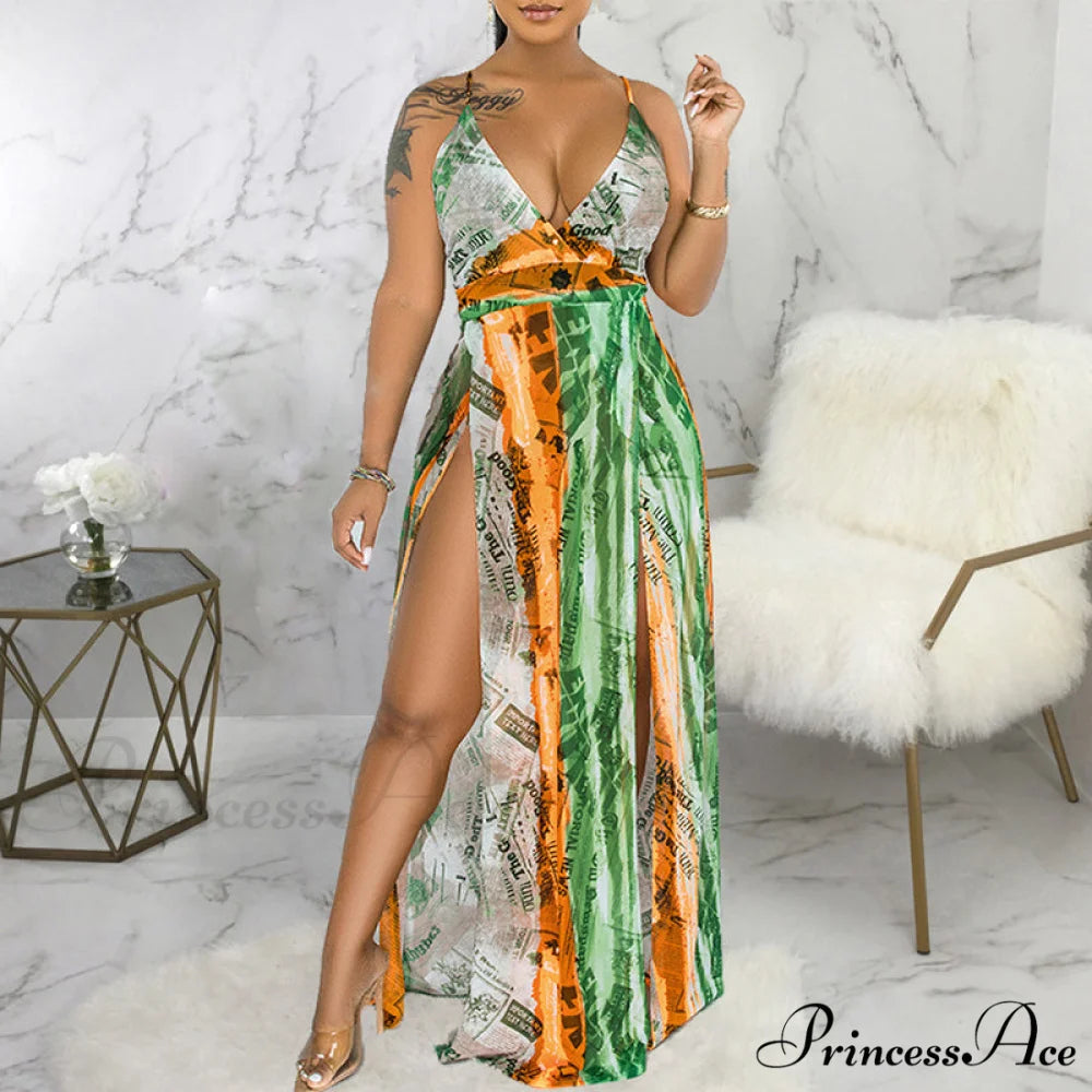 Deep V Neck Spaghetti Strap Printed Maxi Dress with Slit L / GREEN