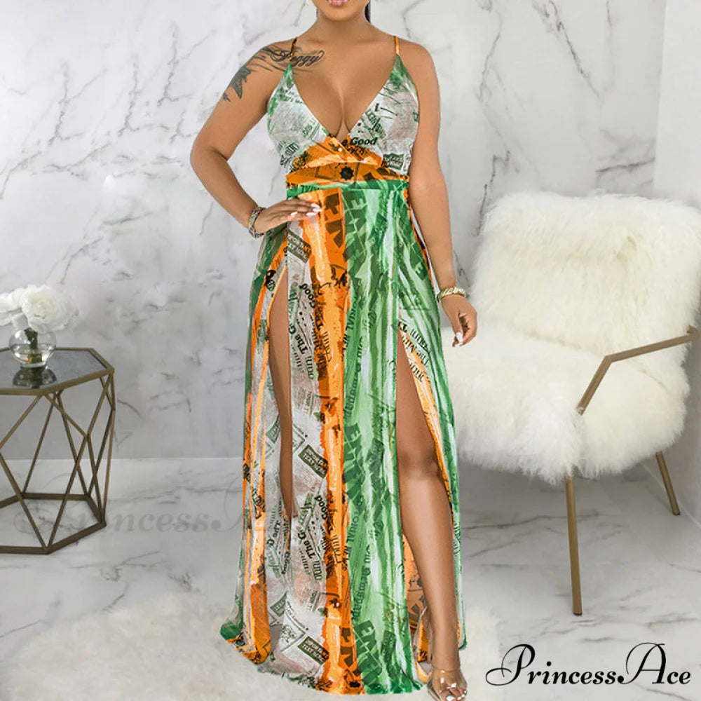 Deep V Neck Spaghetti Strap Printed Maxi Dress with Slit L / PURPLE