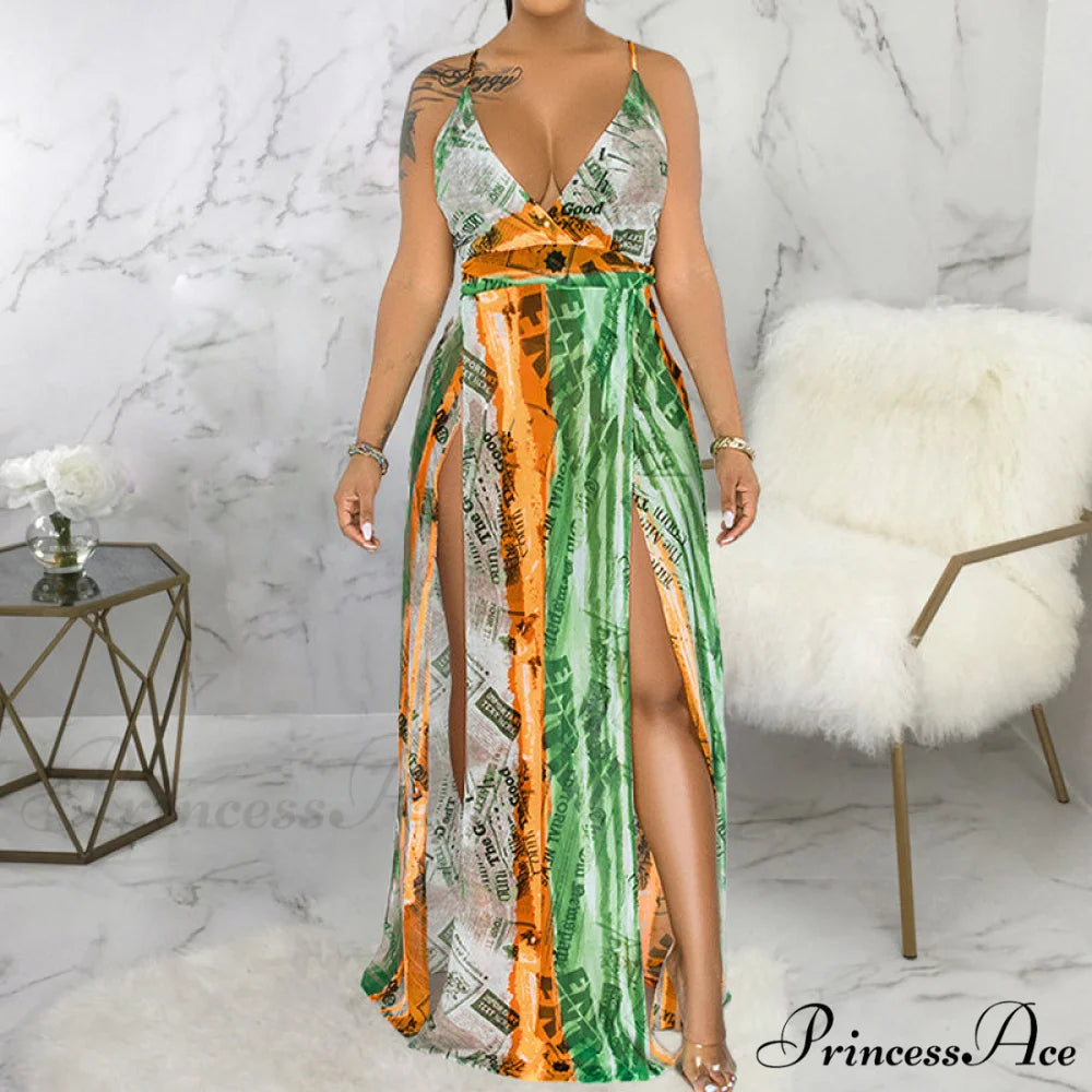 Deep V Neck Spaghetti Strap Printed Maxi Dress with Slit M / GREEN