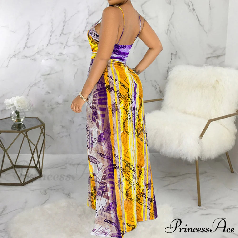 Deep V Neck Spaghetti Strap Printed Maxi Dress with Slit M / PURPLE