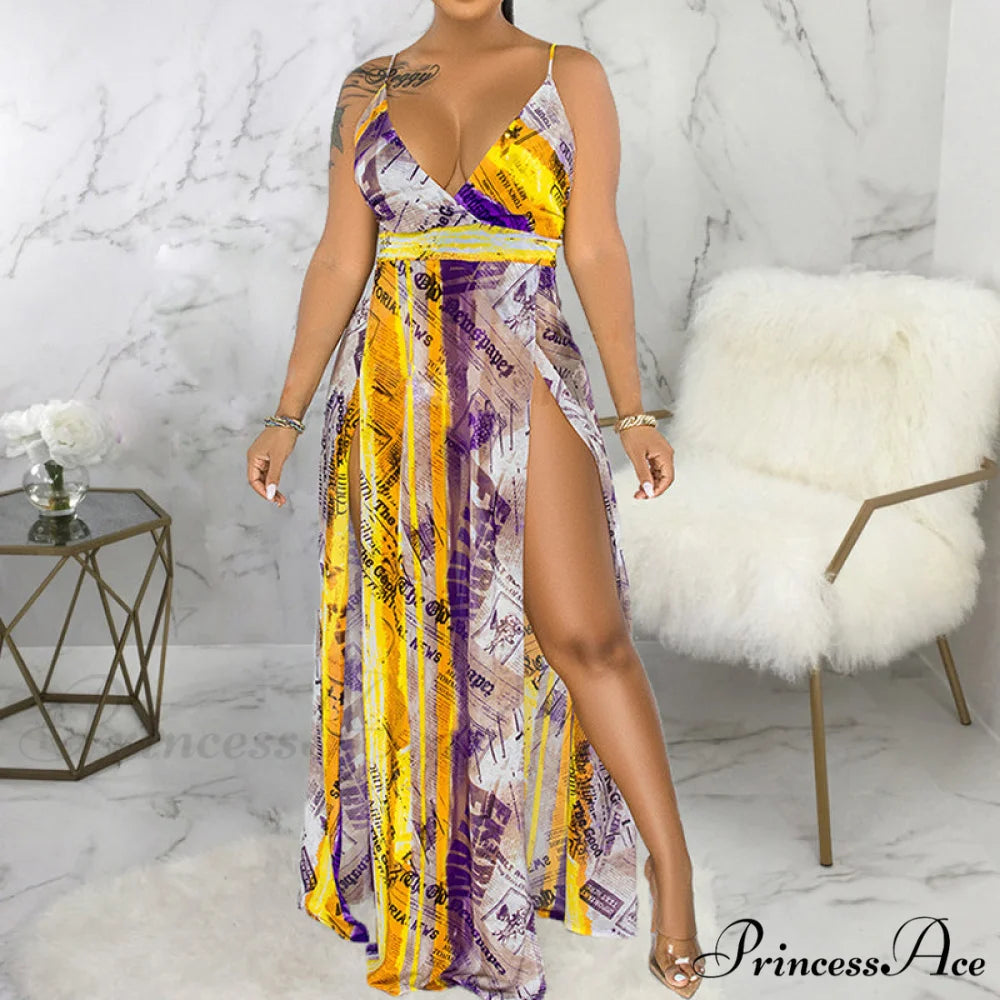 Deep V Neck Spaghetti Strap Printed Maxi Dress with Slit S / GREEN