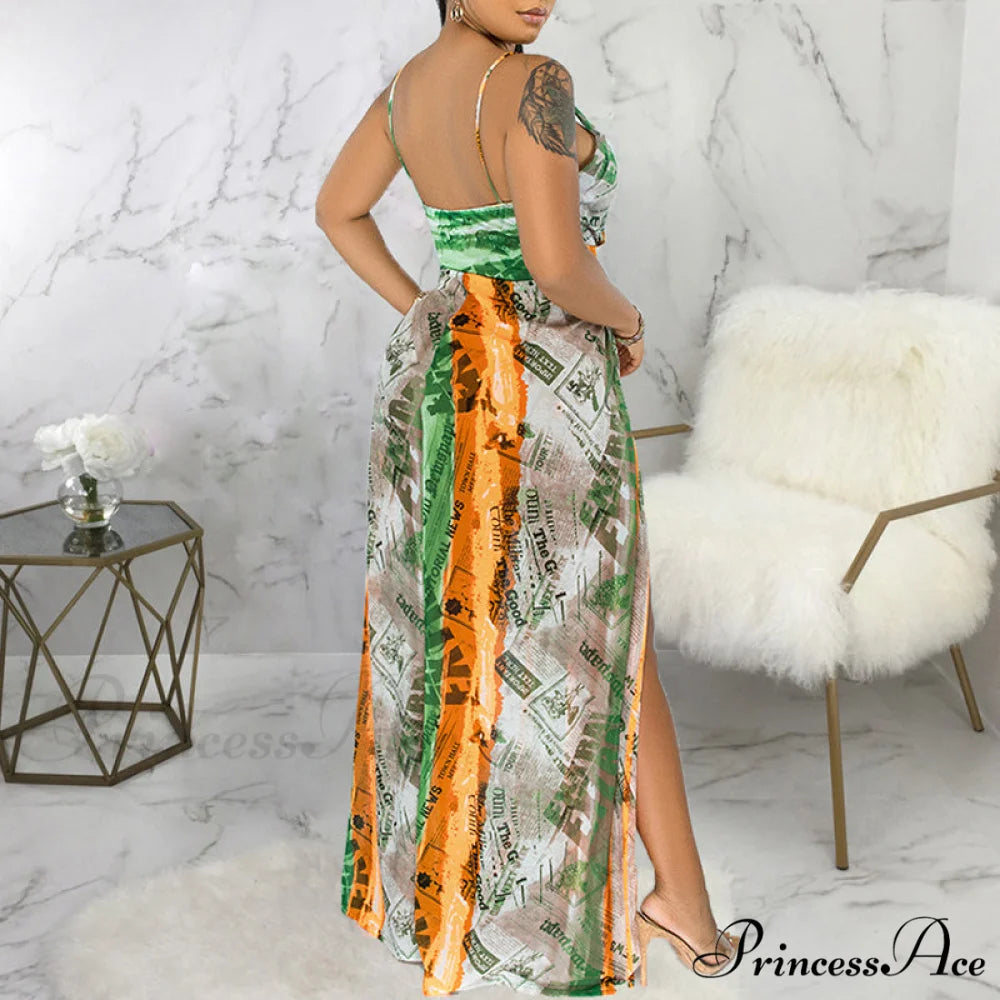 Deep V Neck Spaghetti Strap Printed Maxi Dress with Slit XL / PURPLE