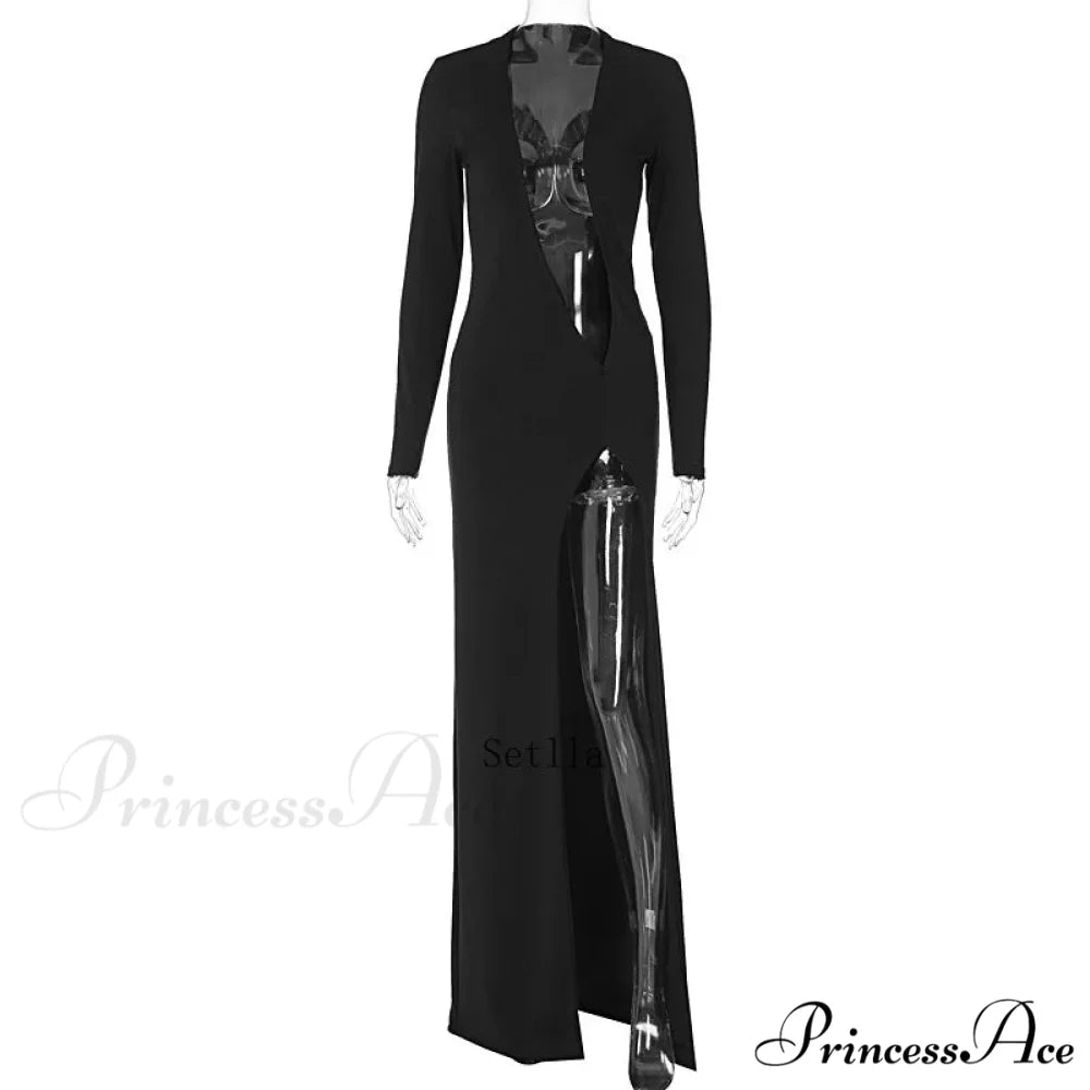 Deep V Neck Split Long Sleeve Sexy Gown Maxi Dress