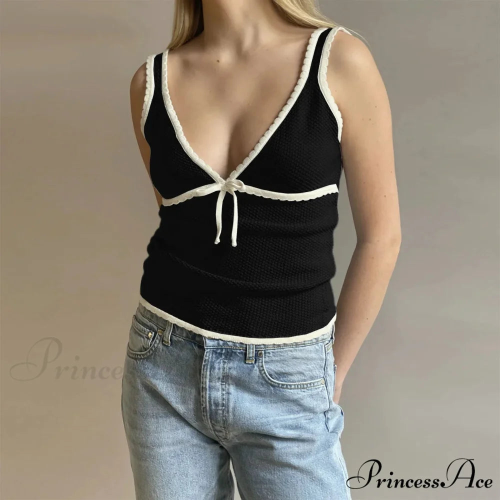 Deep V-Neck Stylish White Seam Top black / S