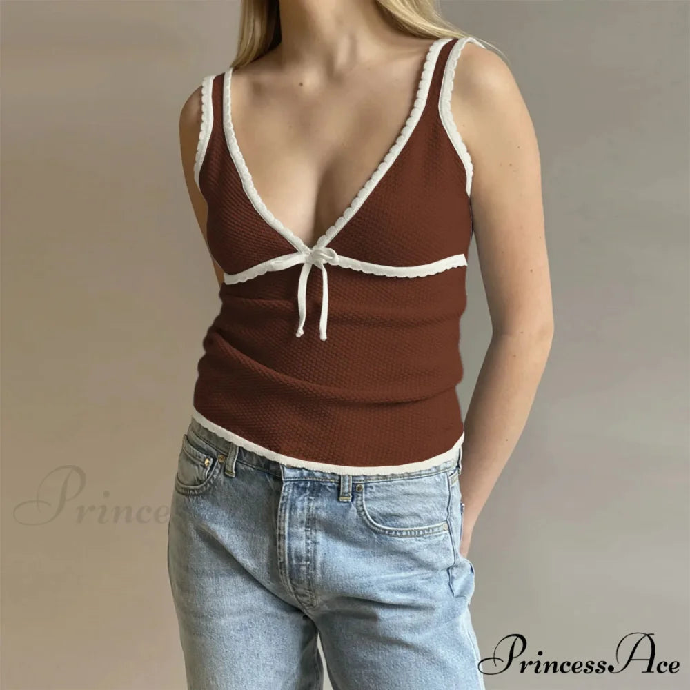 Deep V-Neck Stylish White Seam Top Coffee / S